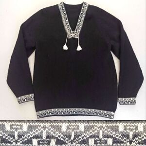 V Neck Mohair Blend Pullover Blk w Nordic Trim Sz L